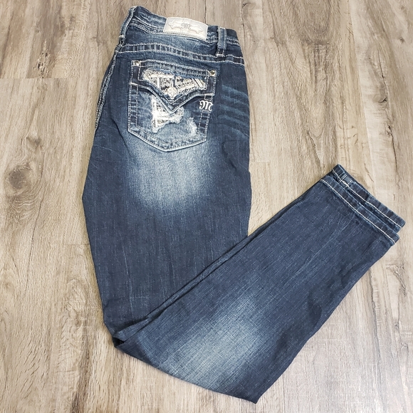 Miss Me Denim - Miss Me 32 ( 34 ) Embellished Embroidered Rhinestone Mid Rise Easy Skinny Jeans